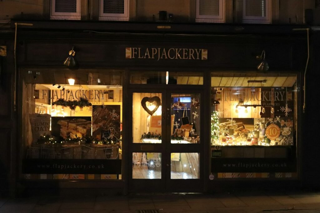 Small business storefront prepared for holiday retail
